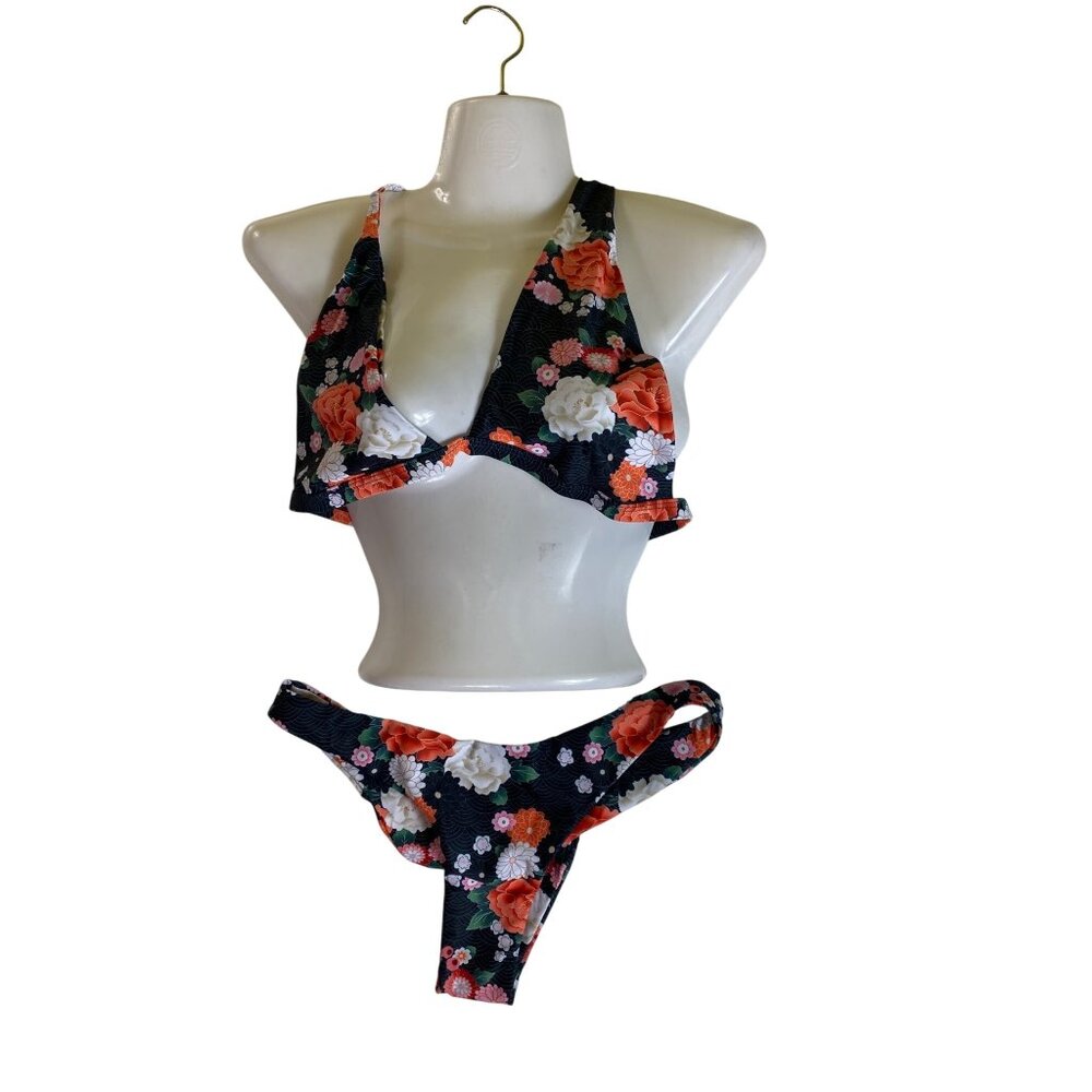 Floral Bikini Set Halter Top & High-Cut Bottoms Large Swimwear Bathing Suit Cute